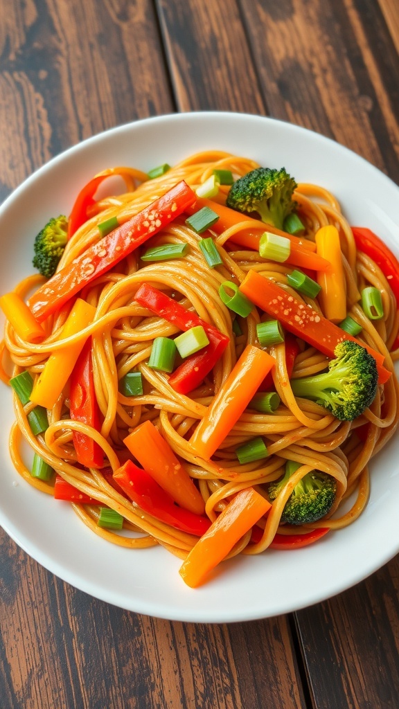 A plate of stir-fried noodles with vegetables, garnished with green onions, on a rustic table.